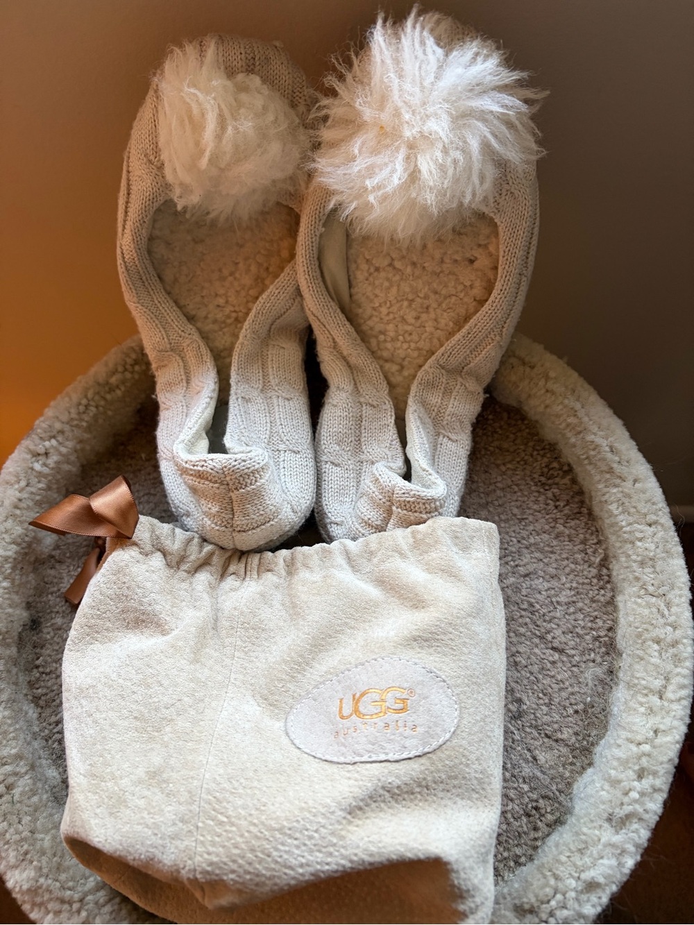 UGG Cream Andi Pom Pom Shearling-Lined Cozy Slippers with Bag